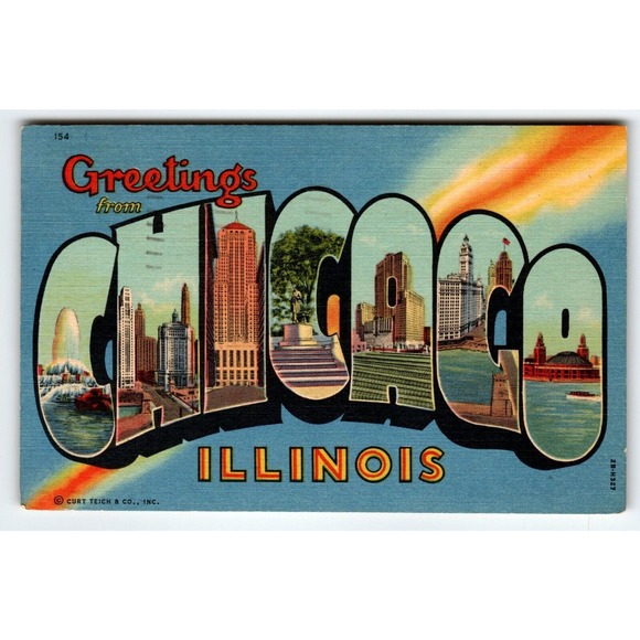 Greetings From Chicago Illinois Large Letter Linen Postcard Vintage Curt Teich - Picture 1 of 2